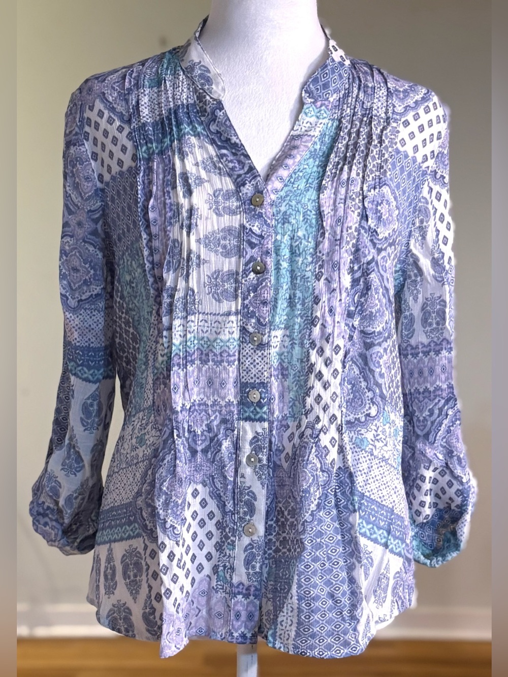 Ruby Rd Patchwork Boho Button Up Blouse, Roll Tab Sleeve, Blue & Purple Petite M